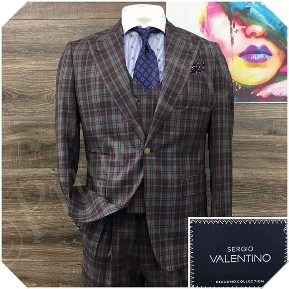 SERGIO VALENTINO Mens Suit 3‎ Piece Set Size 40R Jacket Blazer Pants Vest Wool - Picture 1 of 16